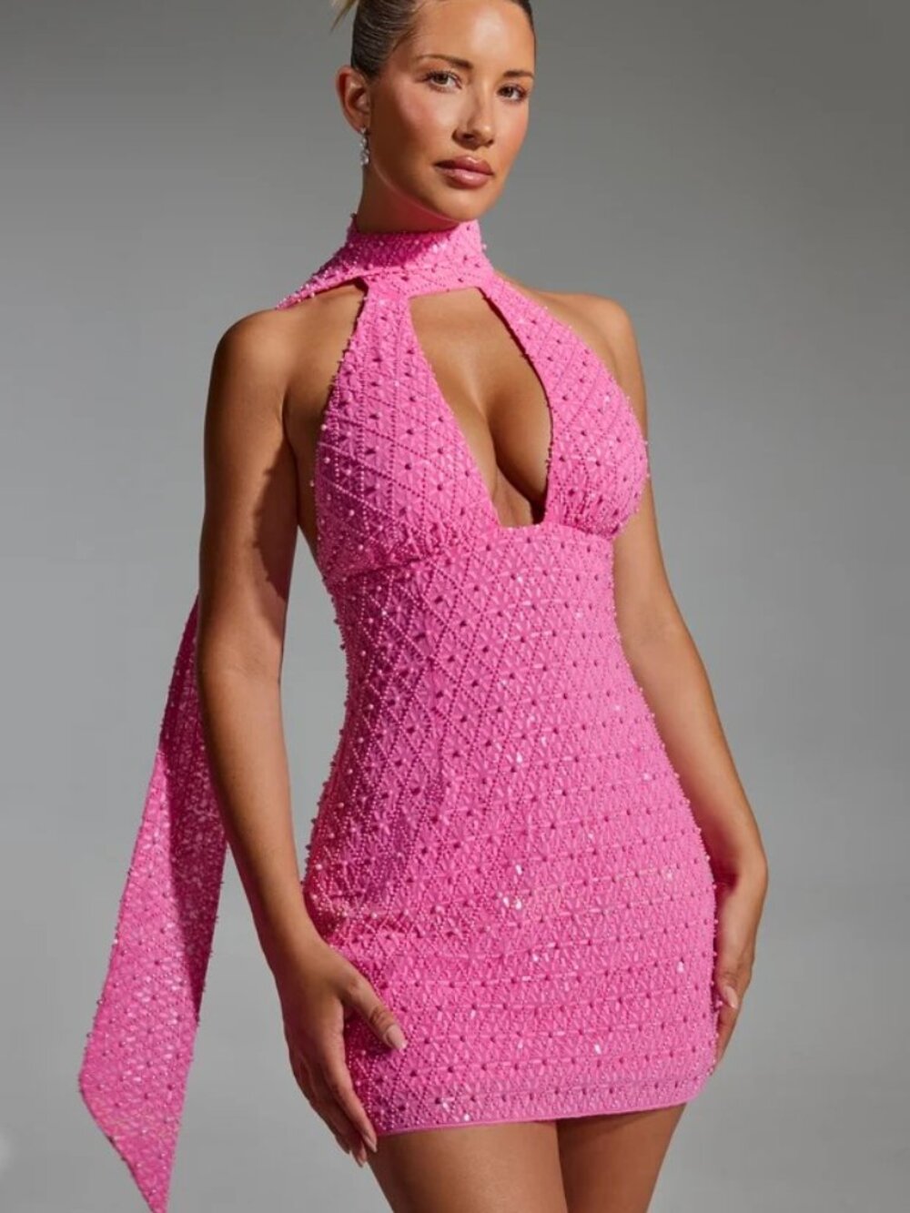 NWT Oh Polly! Henrietta Hot Pink Embellished Scarf Halter Mini Dress - Size 10